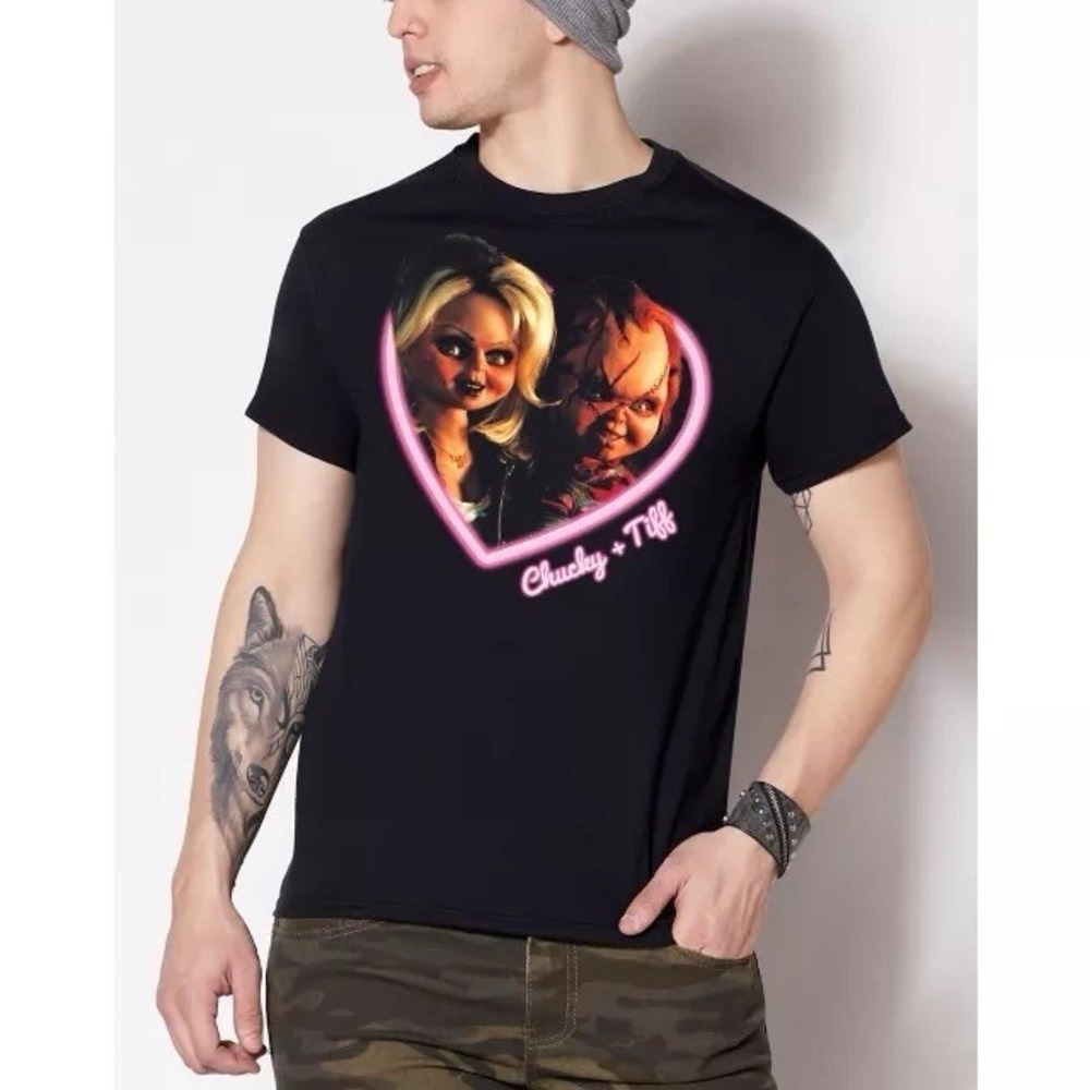 Child's Play Chucky & Bride Tiffany Heart Unisex Tee Black NEW Size Large‎